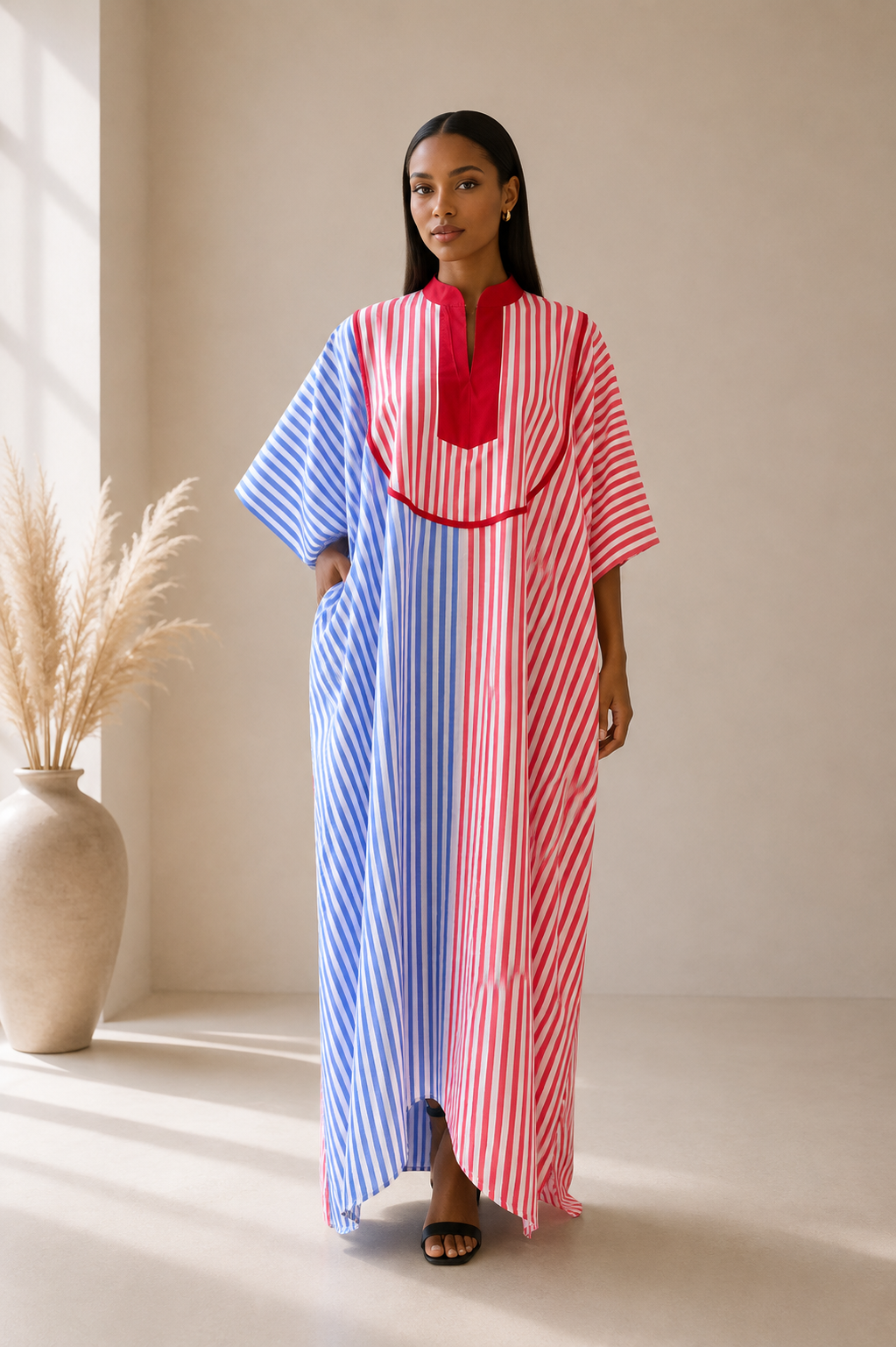 red collar stripe linen boubou