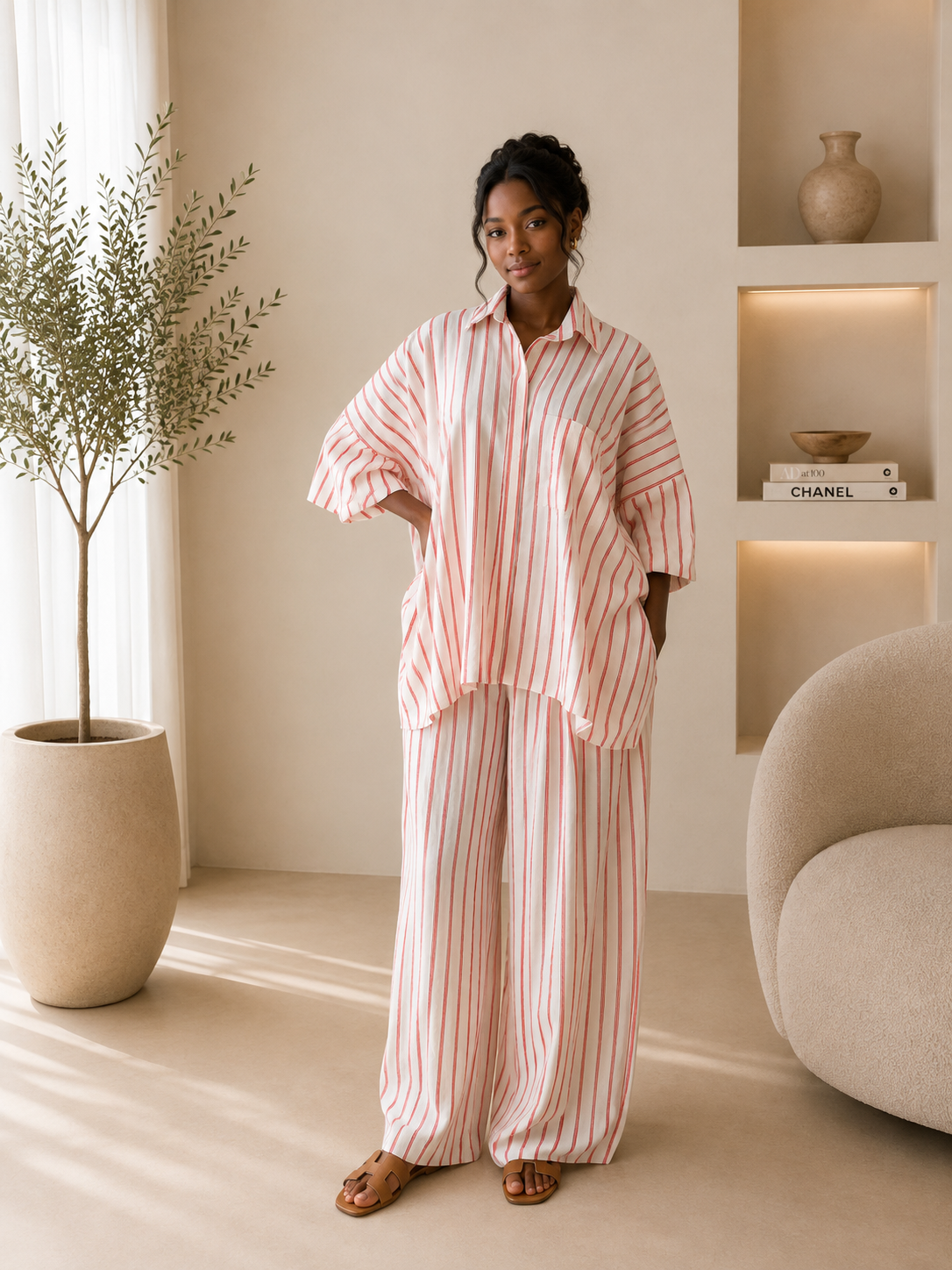 red stripe oversize linen 2 piece