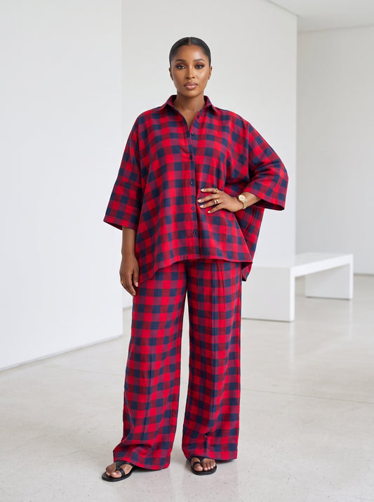 blue and red check oversize 2 piece