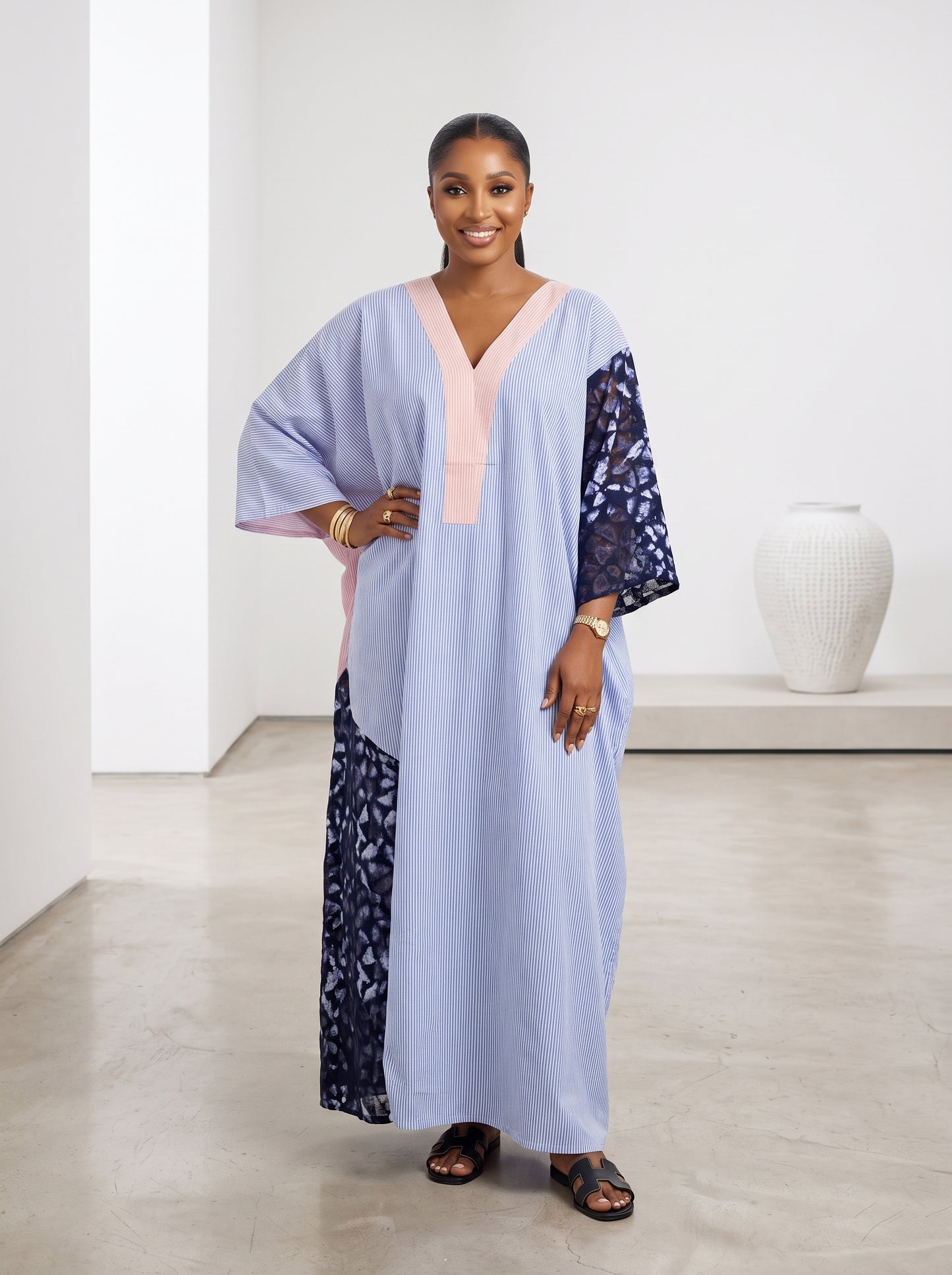 blue and pink stripe adire patch boubou