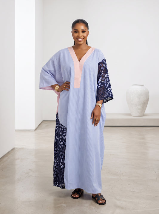 blue and pink stripe adire patch boubou