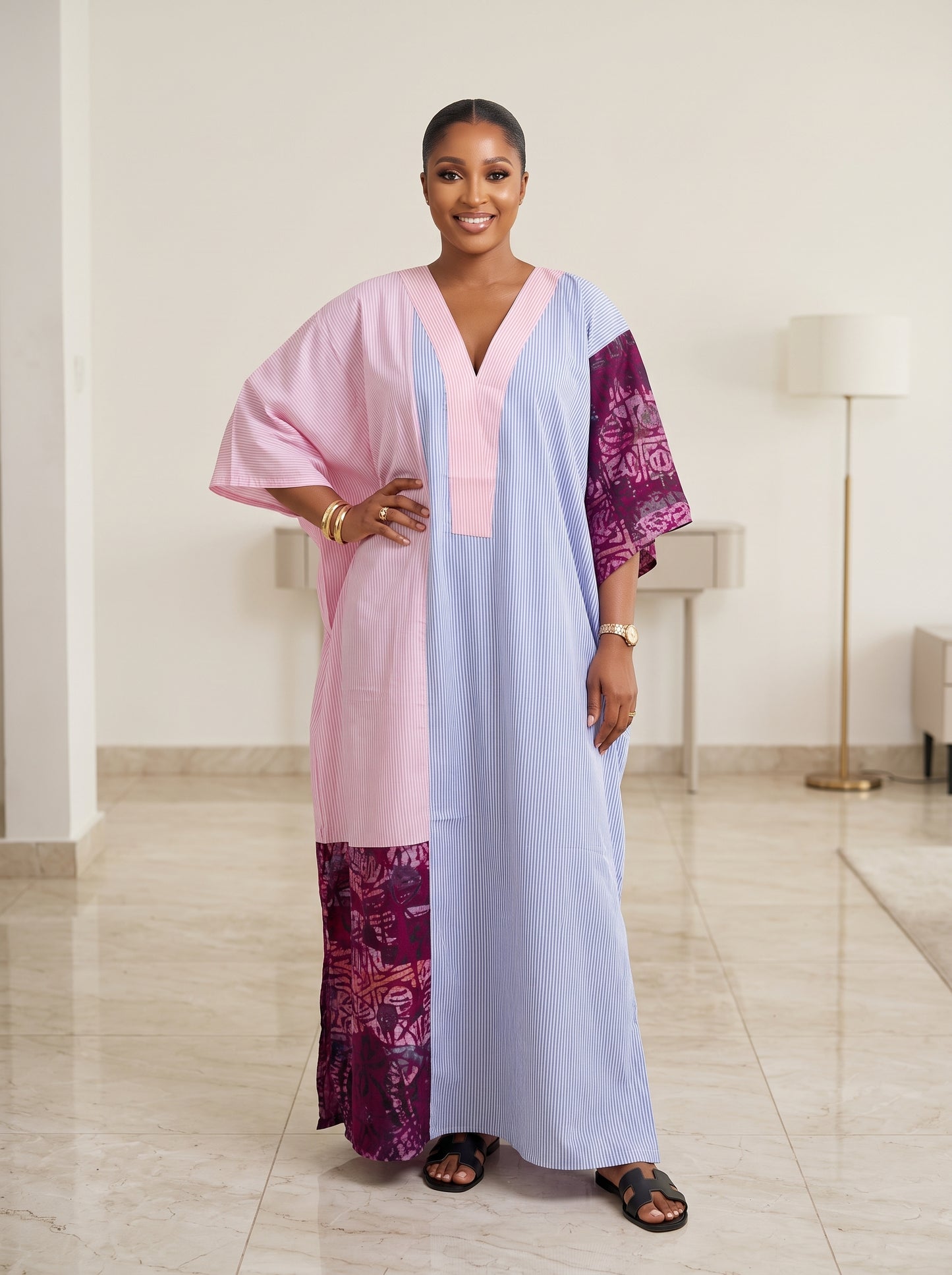 blue and pink stripe adire patch boubou