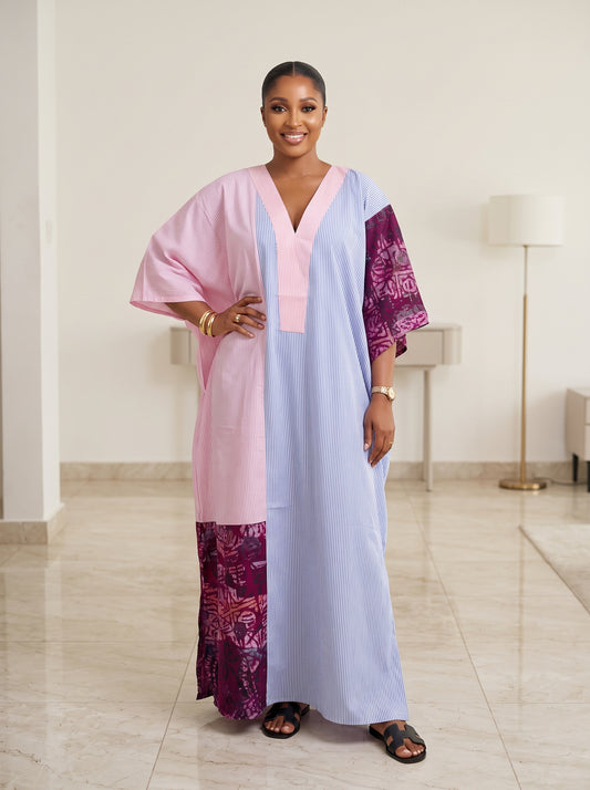 blue and pink stripe adire patch boubou
