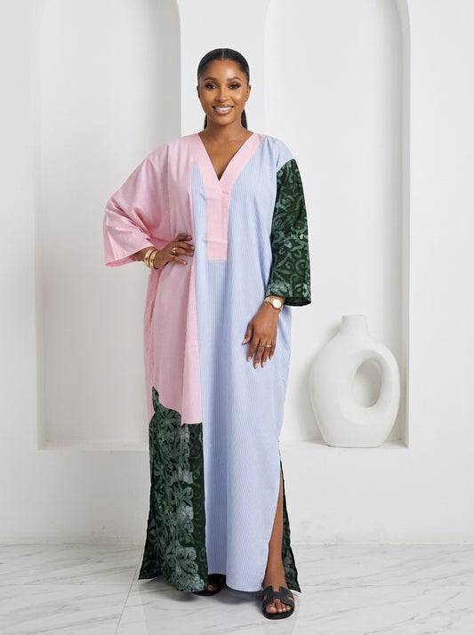 blue and pink stripe adire boubou