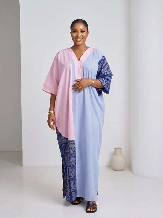 blue and pink stripe adire patch boubou