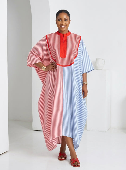 red and blue stripe linen patch boubou